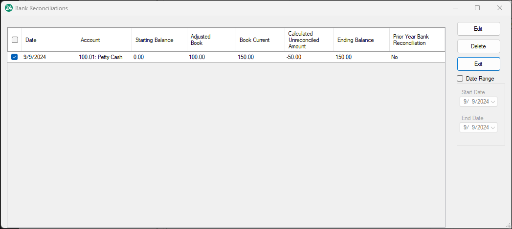 Edit reconciliation screen
